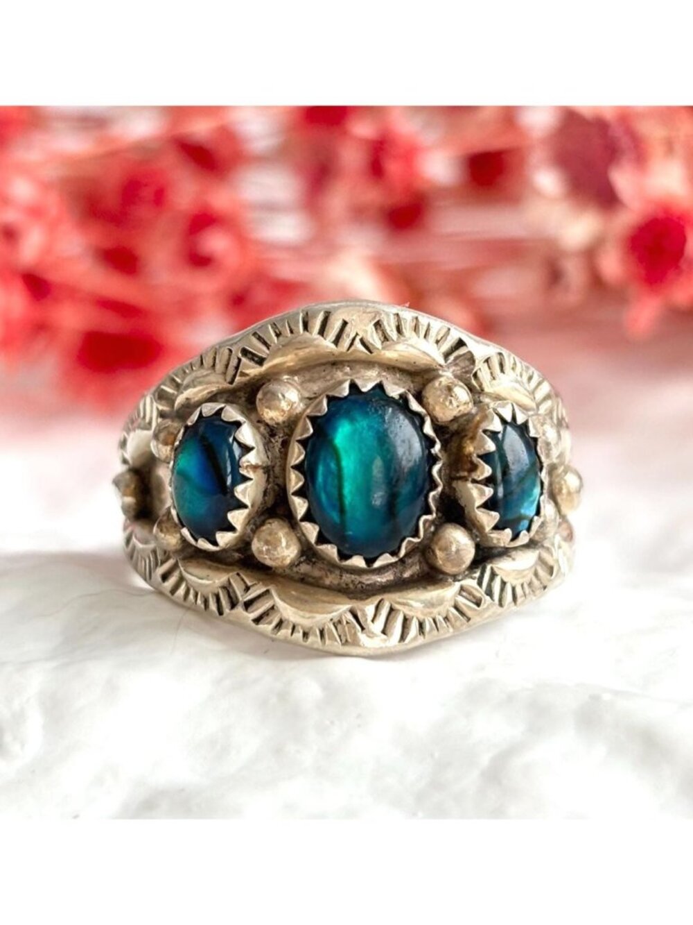 Navajo Blue Abalone Gemstone Southwest Sterling Silver 925 Vintage Ring - sz 10